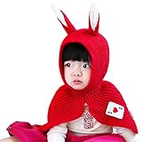jpamzceo キッズ　帽子＋ショール　うさぎ耳　萌え　可愛い　リップ編み　暖かい　レッド