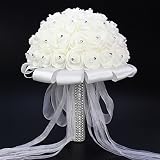 Funpa　ブーケトス　造花　花ブーケ　結婚式　花嫁　ウェディング　プロポーズ　ラインストーン　リボン　ホワイト　装飾　デコレーション　アクセサリー　エレガント