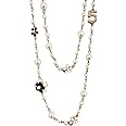 Faux Imitation Pearl Flower Number 5 Long Sweater Layered Charm Neckalce Sweater Pendant Neckalce for Women Girls, Metal, Rhi