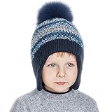URSFUR ニット帽　狐フアーポンポン　男の子防寒保温　可愛い　クリスマス紺