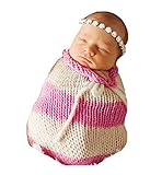 新生児の赤ちゃんかぎ針編みのニット写真の小道具の衣装衣装寝袋ぬいぐるみ毛布 (ピンク＆ホワイト)