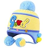 Happy　Cherry　人気　キッズ帽子　ニット　子供　耳あて　冬着　防寒　暖かい　アルファベット　ボンボン付き　便利　コンフォート　ブルー