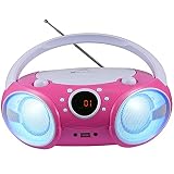 SINGING WOOD, CD Player Boombox CD/CD-R/CD-RW, Portable w/Bluetooth, USB, AM/FM Radio, AUX-Input, Headset Jack, Foldable Carrying Handle and LED Light (Kitty Pink)