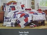 Boy Zone Red and Blue Plaid with Reversible Emergency Vehicles Twin Quilt [並行輸入品]