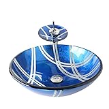 Homelava 現代　手洗い器＆蛇口セット　洗面ボウル　洗面器　バスルーム　洗面台　洗面用　強化ガラス製　円形　排水金具付　ブルー
