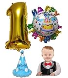 祝1歳 お誕生日 パーティー 飾り 5点 セット 数字風船 バースデー風船 三角帽 スタイ（よだれかけ） ハンドポンプ オリジナルセット 商品 (男の子)