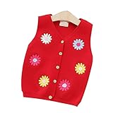 子供服 ニットベスト ノースリーブ ニット ベスト セーター カーディガン Vネック キッズ 子供 女の子 女児 花刺繍 90-130cm レッド