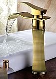 awxjxシンクタップ銅ヨーロピアンスタイルレトロスタイルWaterfallゴールドJade Basinホットとコールドバスルーム
