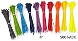 Nylon Cable Ties - 4" - Multi Color (Blue, Red, Green, Yellow, Fuschia, Orange, Gray, Purple) - 500 