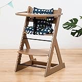 【ベビーチェア テーブル付き ハイチェア 高さ調節 木製 専用クッション付き】こどもと一緒に成長するチェア 高さ調節可能！ 安全ベルト付き ふかふかクッションセット チェア色：大水玉ネイビー クッショ