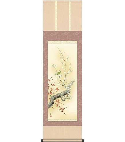 Amazon.co.jp: 掛け軸／掛軸 紅白梅に鶯 （田村 竹世） : ホーム＆キッチン