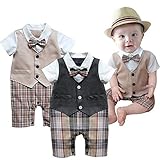 JJ-Factory 半袖 キッズ フォーマル スーツ ロンパース ネクタイ 子供 スーツ 七五三 子供服 発表会 子供用 スーツ 男の子用 フォーマルスーツ (90cm, ベージュ)