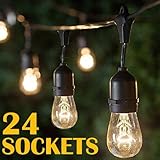48Ft Outdoor Weatherproof String Lights with 24 Sockets E26 Base & 26 11W S14 Warm Bulbs Commercial 