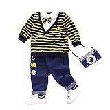 FEVON　セットアップ　ベビー　男の子　上下セット　子供服　ボーイズ　Tシャツ+ロングパンツ　2点セット　春秋　フェイクシャツ　長袖　Vネック　ボーダー柄　可愛い　ボウタイ付き　長パンツ　ズボン　ウ