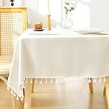 UmiHomeモダンミニマル リネン混紡 フリンジ飾りtablecloth高級 おしゃれ テーブルカバー 撥水 加工 PVC 防水・防汚・防油 長方形テーブルクロス90X140ベージュ