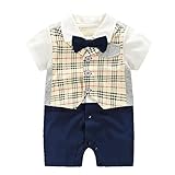 エルフ ベビー(Fairy Baby)ベビー重ね着風フォーマル半袖 夏用ロンパース 結婚式服 チェック柄90cm