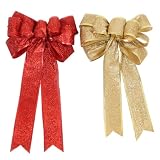 Lurrose クリスマスの弓 ボウツリートッパー クリスマスツリートッパーボウ ノットリボン クリスマスツリートップ ゴールドトリム 大きい 装飾品 赤 ゴールド