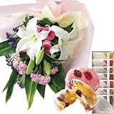 花とスイーツ ギフトセット 豪華 ユリ ピンクバラ 花束 と 平等院表参道　こごり ７個　和菓子 写真入りメッセージカード