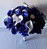 ロイヤルブルーラインストーンローズカラーリリー柄ブローチウェディングブーケ&ブートニア 10" Bouquet ブルー