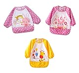 COTARON　ベビーエプロン 長袖 ポケットつき 防水 動物柄 １歳〜3歳 セット (3枚セット女の子B（ヒモ）)