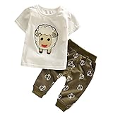 【SEBLES】ベビー 赤ちゃん 男の子 女の子 ユニセックス 半袖 ラウンドネック プリント 羊 Tシャツ　ズボン ボトムス セット お洒落 カジュアル コットン 綿(カーキ,100cm)