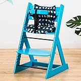 【人気ベビーチェア 笑顔のマジカルチェアー＋専用クッション (お得2点セット)】 木製椅子 安心強度の三角形ベース 高さ調節可能 ふかふかクッションセット (チェア：ブルー色 クッション：大水玉ネイビ