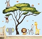 Largeジャングルツリーデカール緑の葉、Africanツリーwith Pride動物