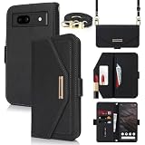 Pelanty for Pixel 7A 手帳型ケース 縄掛け肩掛け斜めがけ ショルダー 合成皮革+TPU 携帯カバー 化粧鏡付き ストラップ付き マグネット for Google pixel7a 財布型カバー ICカードポケット お札入れ小銭入れ大容量 収納ポケット スタンド機能 ファスナー付き グーグル ピクセル7a 耐衝撃（肩縄付き-ブラック）
