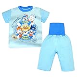 (サックス/95cm)ベビー服 男の子 パジャマ 半袖 アンパンマン 上下組 楊柳素材 7分丈パンツ お腹冷えない 腹巻き付 ボーダー 後ろマチ 男児 ベビー