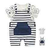 エルフ ベビー(Fairy Baby)ベビー服セット スーツ 半袖Tジャツ サスペンダー付きパンツ 可愛い(紺色ストライプ、サイズ80)