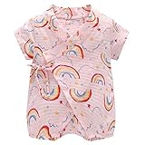 Anbaby 夏 ベビー服 半袖ロンパース 可愛い 綿 柔らか カバーオール ピンクレインボー 80