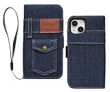 楽々ショップ ケース phone 12/iphone12 Pro 用 スマホケース 手帳型 合皮 レザー ケース カバー カードポケット デニム ジーンズ ダークブルー i12/i12pro-PUCF-W155-D1-Y4