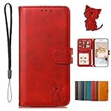 京セラ かんたんスマホ3 A205KCケース かんたんスマホ3 a205kcケース かんたんスマホ3手帳ケース A205KCケース手帳型 a205kc かんたんスマホ3手帳型ケース a205kcケース スマホケース 猫柄 動物 アニマル ど ストラップ付き マグネット スタンド機能 薄型 男女兼用 (京セラ かんたんスマホ3 A205KC対応) レッド