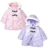 (ピンク/90cm)ベビー服 女の子 アウター フルジップ ジャケット 中綿 雪結晶柄箔プリント トグルボタン Aライン ファー付フード 女児 ベビー