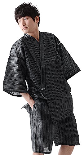 [ 京都きもの町 ] 男の夏甚平(じんべい) 涼やかなメンズ綿麻甚平 M 02黒白縞