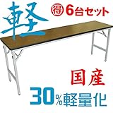 【6台セット】国産 軽量 折りたたみ机(長机) アルミ脚 会議用テーブル 1800×450mm ソフトエッジ 棚無し ※受注生産:納期約3週間 天板カラー:ローズ