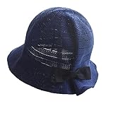 Ruideng 女の子は帽子弓王女の日帽子ビーチ帽子わら (Navy Blue)