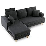 ソファー カウチソファー 3人掛け ヘッドレスト付 ポケットコイル ファブリック チャコールグレー