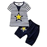 ハイキングフライ(Hikfly)ベビー服男の子女の子 赤ちゃん柔らかい綿ツーピース半袖 Tシャツ＆ショートパンツ セット (ストライプ) (M/12-18 ヶ月, 濃紺)