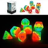 Bescon Fantasy Rainbow Glowing Polyhedral Dice 7pcs Set MIDNIGHT CANDY, Luminous RPG Dice Set Glow in Dark, Novelty DND Game Dice d4 d6 d8 d10 d12 d20 d% in Brick Box