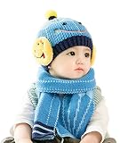 ZKKK 子供帽子スカーフセット　ニット帽子 ベビー 笑顔　かわいい　男の子　女の子　刺繍　防寒保温　耳保護　ウールキャップ　　キッズ秋冬用 ハット　ポンポン付き 　男女兼用　お出かけ　アウタドアウェ