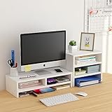 SUOKOMR モニター台 モニタースタンド 木製パソコン台 収納スタンド パソコンスタンド ノートパソコン台 pcモニタースタンド 収納ラック 机上台 PCラック プリンタ台 机上ラック キーボード収納 卓上ラック 二段式 人間工学デザイン 取扱説明書付き (ホワイト, 2段)