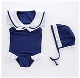 子供水着幼児 女の子 ストライプ海軍風 可愛い ファッション キュート ワンピース帽子水着 (6, 紺 海軍風)