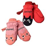 (レッド/3-4才)ベビー スノー 手袋 女の子 ZOOMIC ズーミック ミトン型 中綿 裏ボア ひも付 ネコ フェイス柄 アップリケ 女児 ベビー