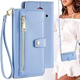 らくらくスマートフォン F-52B ケース 手帳型 ショルダーケース カードケース ショルダー ストラップケース 【 ストラップ 長+短 2本】 らくらくスマートフォン F52B ケース らくらくスマートフォンF-52B ケース docomo らくらくスマートフォン f52b 手帳ケース らくらくスマートフォン F 52B ケース fujitsu用 F52Bケース手帳型 らくらくスマートフォンf52b ケース f 52b ケース f-52b カバー f52 b 携帯ケース F52 B スマホケース 手帳型 適用 case 【BonwFzin】 ストラップホール付き カード収納 バッグ マグネット スナップ 肩がけ 首掛け 斜め掛け カードケース ファスナー 耐衝撃 ストラップ付き カバー スタンド カード カード入れ スマホケース 浅い藍 ライトブルー