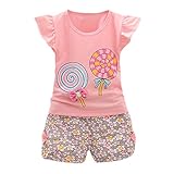 Domybest トップス ショットパンツ Tシャツ ベビー服 上下セット タンクトップ 子供 女の子 半袖 夏スーツ 肌着 超可愛い 柔らかい 伸縮性 快適 普段着 ロリポップ 花柄 リボン付け 人