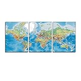 CrmaOArt - 3パネルレトロウォールアート - ブルーワールドマップ - キャンバスアートホームデコレーション - 50x60cm
