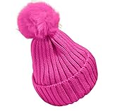 Plus Nao(プラスナオ) 子供用 ニット帽 ファーボンボン付き リブニット ワッチ ビーニー ニットキャップ キッズ ジュニア シンプル 無地 女 - ローズ
