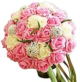 ウェディングブーケ ブーケ 花束 フラワー 白 ピンク レッド バラ 薔薇 ブライダル 結婚式 二次会 造花 (ピンク)