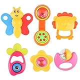 RaiFu ラトル　おもちゃ　歯がため　ガラガラ　ベル　おもちゃ　赤ちゃん　かわいい　漫画　ハンド　ジングル　ベル　パズル　教育　ラトル　おもちゃ　6個